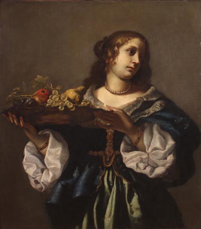 Elegant painting portrait of a lady with a fruit plate 17th century