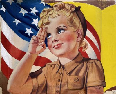 Ellen Barbara Segner Mid Century Brownie Blond Girl Scout 4th of July Salute with American Flag
