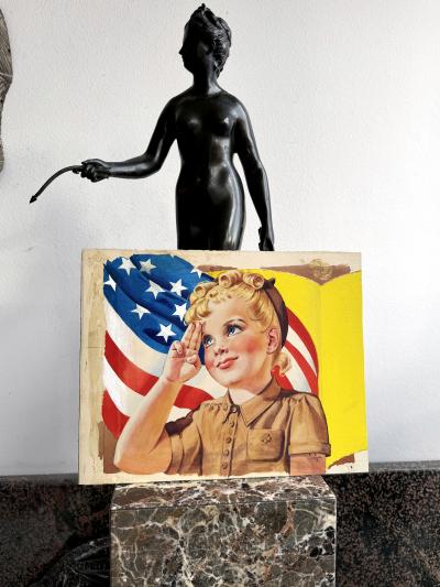 Ellen Barbara Segner Mid Century Brownie Blond Girl Scout 4th of July Salute with American Flag