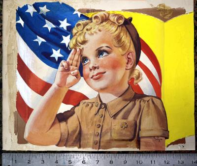 Ellen Barbara Segner Mid Century Brownie Blond Girl Scout 4th of July Salute with American Flag
