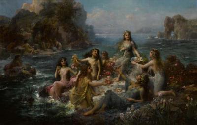 Emanuel Oberhauser Emanuel Oberhauser Mermaids and Nymphs An Exceptional Oil on Canvas Painting