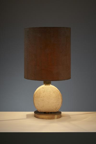Emanuele Scarnicci Travertine and Brass Table Lamp with Cork Shade