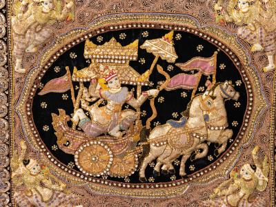 Embroidered Indian Screen Board Art with Beaded Detail