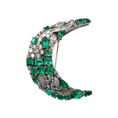 Emerald Diamond Crescent Brooch 14K 7 52 Carats