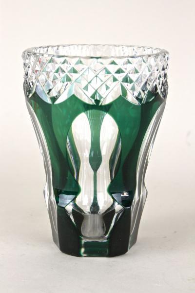 Emerald Green Overlay Cut Glass Vase by Val Saint Lambert Belgium ca 1950