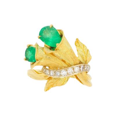 Emerald and Diamond 18K Gold Floral Blossom Matte Finish Ring