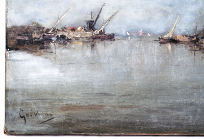 Emile Godchaux French Fishing Port Oil Painting by Emile Godchaux