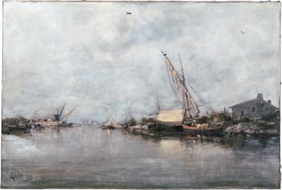 Emile Godchaux French Fishing Port Oil Painting by Emile Godchaux