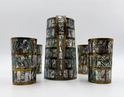 Emilia Castillo Alfredo Villasana Taxco Brass Abalone Pitcher and Tumblers Set 1950s