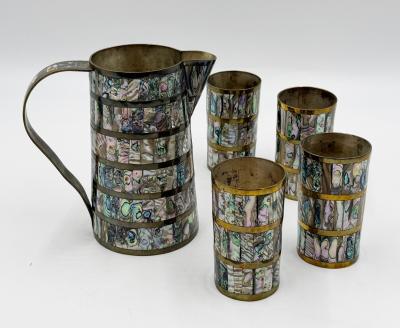 Emilia Castillo Alfredo Villasana Taxco Brass Abalone Pitcher and Tumblers Set 1950s