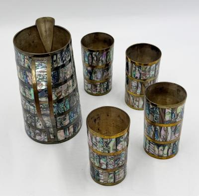 Emilia Castillo Alfredo Villasana Taxco Brass Abalone Pitcher and Tumblers Set 1950s