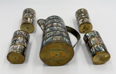 Emilia Castillo Alfredo Villasana Taxco Brass Abalone Pitcher and Tumblers Set 1950s