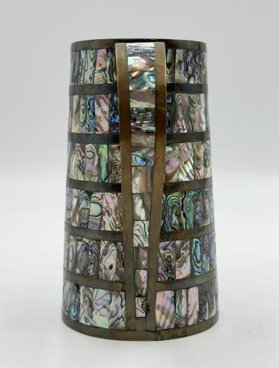 Emilia Castillo Alfredo Villasana Taxco Brass Abalone Pitcher and Tumblers Set 1950s