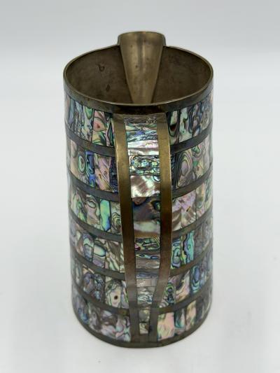 Emilia Castillo Alfredo Villasana Taxco Brass Abalone Pitcher and Tumblers Set 1950s