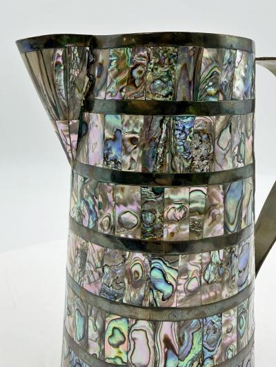 Emilia Castillo Alfredo Villasana Taxco Brass Abalone Pitcher and Tumblers Set 1950s