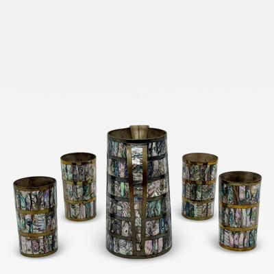 Emilia Castillo Alfredo Villasana Taxco Brass Abalone Pitcher and Tumblers Set 1950s