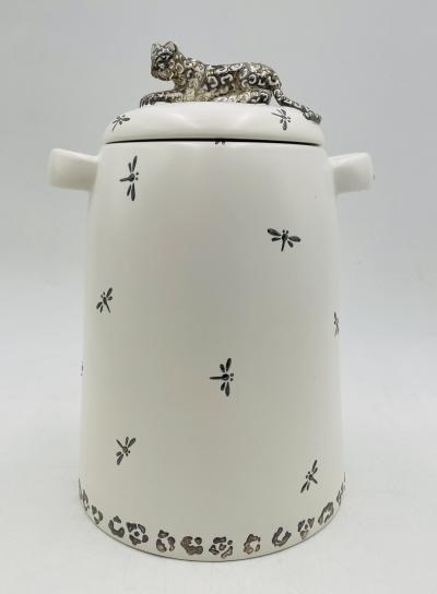Emilia Castillo Emilia Castillo Porcelain Silver Jaguar Lidded Jar Taxco Mexico