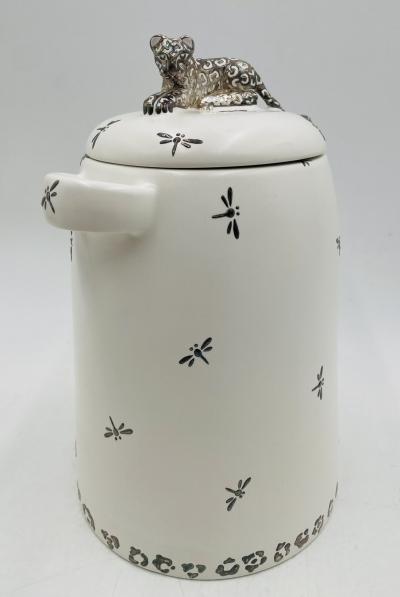 Emilia Castillo Emilia Castillo Porcelain Silver Jaguar Lidded Jar Taxco Mexico