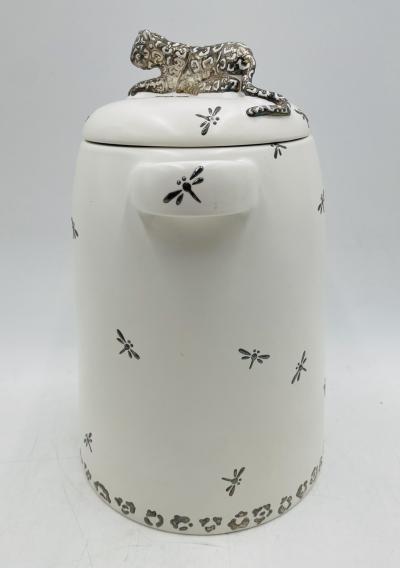 Emilia Castillo Emilia Castillo Porcelain Silver Jaguar Lidded Jar Taxco Mexico