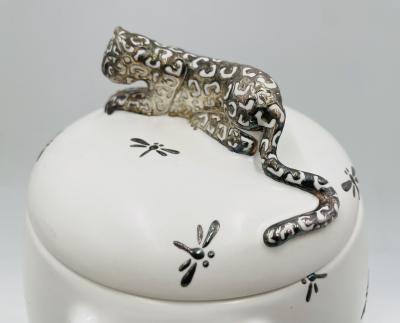 Emilia Castillo Emilia Castillo Porcelain Silver Jaguar Lidded Jar Taxco Mexico
