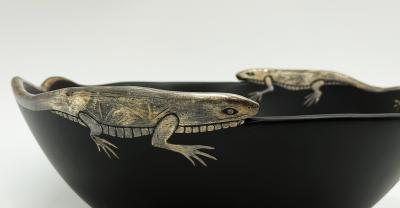 Emilia Castillo Emilia Castillo Pure Silver Lizard Black Porcelain Bowl Mexican Silver Art