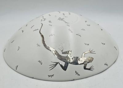 Emilia Castillo Emilia Castillo Pure Silver Porcelain Bowl with Lizards Fireflies Mexico