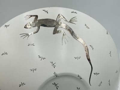 Emilia Castillo Emilia Castillo Pure Silver Porcelain Bowl with Lizards Fireflies Mexico