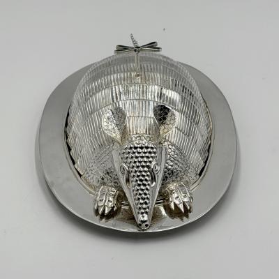 Emilia Castillo Emilia Castillo Silver Plate Armadillo Butter Dish with Malachite Taxco Mexico