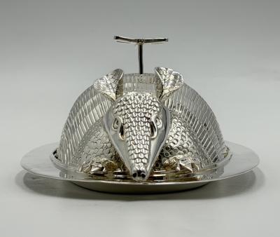 Emilia Castillo Emilia Castillo Silver Plate Armadillo Butter Dish with Malachite Taxco Mexico