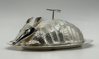 Emilia Castillo Emilia Castillo Silver Plate Armadillo Butter Dish with Malachite Taxco Mexico