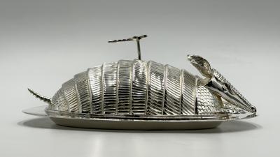 Emilia Castillo Emilia Castillo Silver Plate Armadillo Butter Dish with Malachite Taxco Mexico
