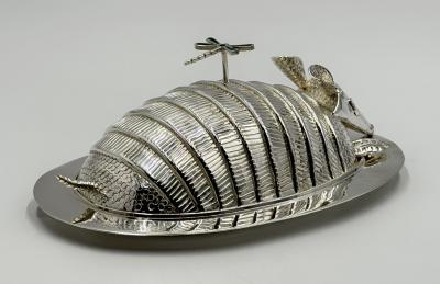 Emilia Castillo Emilia Castillo Silver Plate Armadillo Butter Dish with Malachite Taxco Mexico
