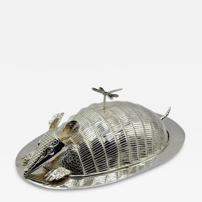 Emilia Castillo Emilia Castillo Silver Plate Armadillo Butter Dish with Malachite Taxco Mexico
