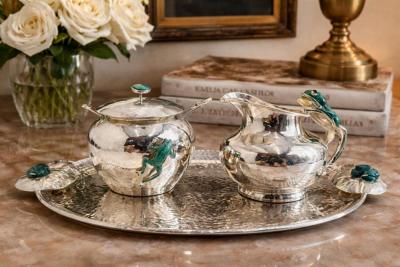 Emilia Castillo Emilia Castillo Silver Plated Malachite Tea Service Set Mexican Modernism