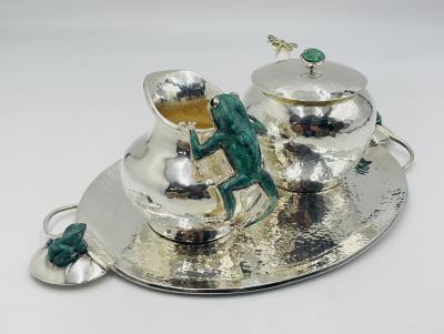 Emilia Castillo Emilia Castillo Silver Plated Malachite Tea Service Set Mexican Modernism