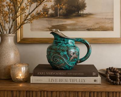 Emilia Castillo Emilia Castillo Silver Plated Water Pitcher With Butterflies Verdigris Patina