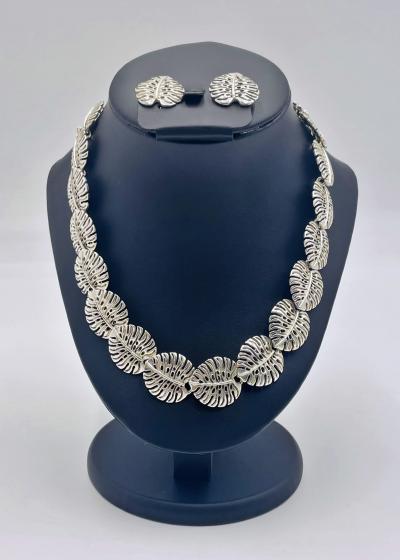 Emilia Castillo Emilia Castillo Taxco 950 Silver Monstera Necklace Earrings Set Mexican Art