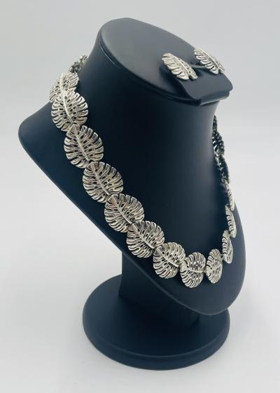 Emilia Castillo Emilia Castillo Taxco 950 Silver Monstera Necklace Earrings Set Mexican Art