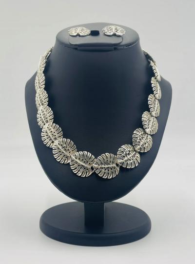 Emilia Castillo Emilia Castillo Taxco 950 Silver Monstera Necklace Earrings Set Mexican Art