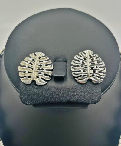 Emilia Castillo Emilia Castillo Taxco 950 Silver Monstera Necklace Earrings Set Mexican Art