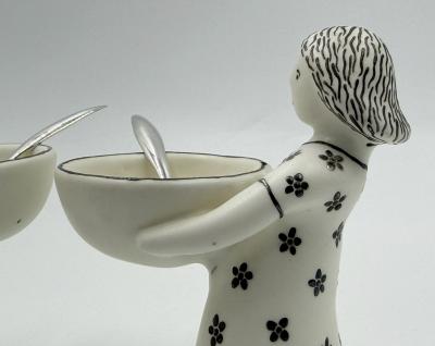 Emilia Castillo Emilia Castillo The Couple Bisque Porcelain Salt Cellars Sterling Spoons Set