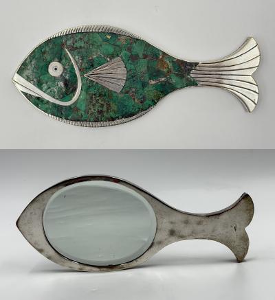 Emilia Castillo Emilia Mimi Castillo Taxco Malachite Silver Plate Fish Hand Mirror 1970s
