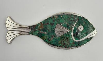 Emilia Castillo Emilia Mimi Castillo Taxco Malachite Silver Plate Fish Hand Mirror 1970s