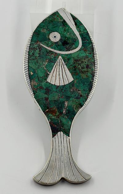 Emilia Castillo Emilia Mimi Castillo Taxco Malachite Silver Plate Fish Hand Mirror 1970s
