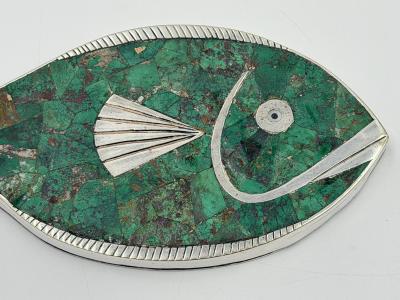 Emilia Castillo Emilia Mimi Castillo Taxco Malachite Silver Plate Fish Hand Mirror 1970s