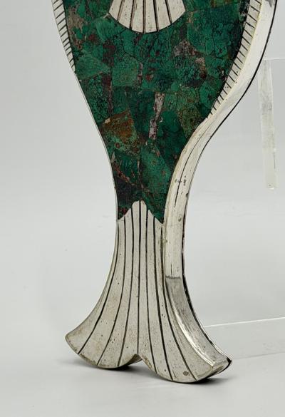 Emilia Castillo Emilia Mimi Castillo Taxco Malachite Silver Plate Fish Hand Mirror 1970s