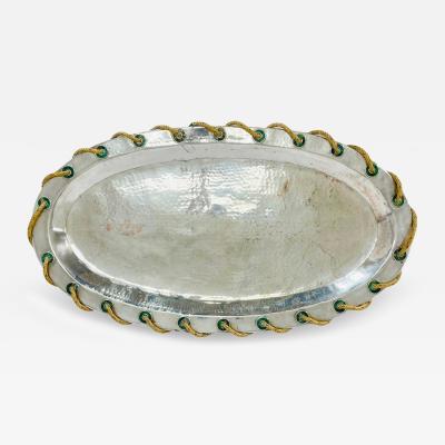 Emilia Castillo Large Agave Serving Tray in Silver Plate Malachite by Emilia Castillo