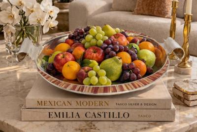 Emilia Castillo Large Emilia Castillo Silver Plate Jasper Inlay Serving Bowl Mexican Silver