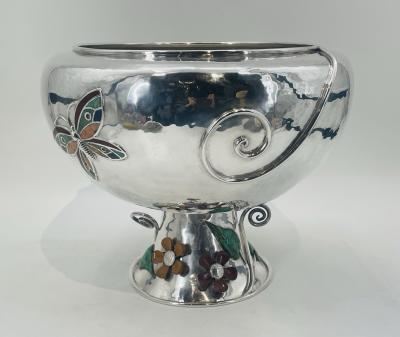 Emilia Castillo Lrg Silver Plate Punch Bowl with Stone Inlay by Emilia Castillo Mexican Silver