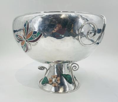Emilia Castillo Lrg Silver Plate Punch Bowl with Stone Inlay by Emilia Castillo Mexican Silver